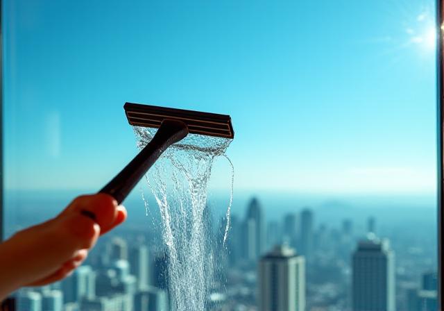 Professional window washer cleaning glass panes